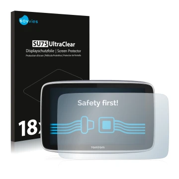 Vorderseite einer Produktverpackung mit dem Markenlogo Savvies. Daneben ist das Gerät TomTom GO Premium X mit dem zugehörigen 