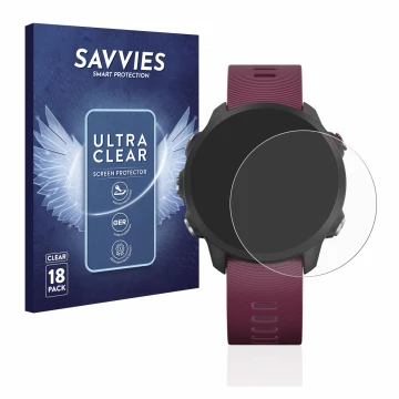 Vorderseite einer Produktverpackung mit dem Markenlogo Savvies. Daneben ist das Gerät Garmin Forerunner 245 mit dem zugehörige