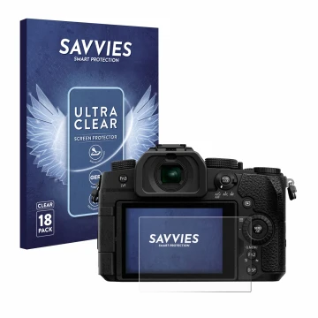 Vorderseite einer Produktverpackung mit dem Markenlogo Savvies. Daneben ist das Gerät Panasonic Lumix DC-G91 mit dem zugehörig