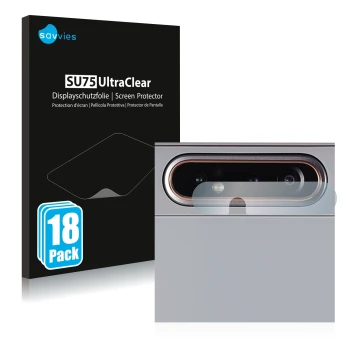 Vorderseite einer Produktverpackung mit dem Markenlogo Savvies. Daneben ist das Gerät Samsung Galaxy A80 (NUR Kameraschutz) mi