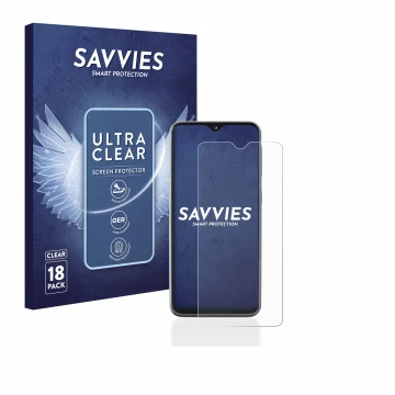 Vorderseite einer Produktverpackung mit dem Markenlogo Savvies. Daneben ist das Gerät Samsung Galaxy A20e mit dem zugehörigen 