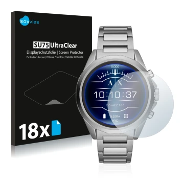 Vorderseite einer Produktverpackung mit dem Markenlogo Savvies. Daneben ist das Gerät Emporio Armani Connected Exchange AXT200