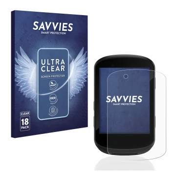 Vorderseite einer Produktverpackung mit dem Markenlogo Savvies. Daneben ist das Gerät Garmin Edge 530 mit dem zugehörigen Disp