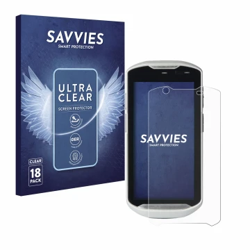 Vorderseite einer Produktverpackung mit dem Markenlogo Savvies. Daneben ist das Gerät Zebra TC52-HC mit dem zugehörigen Displa