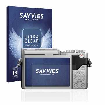 Vorderseite einer Produktverpackung mit dem Markenlogo Savvies. Daneben ist das Gerät Panasonic Lumix DC-GX880 mit dem zugehör