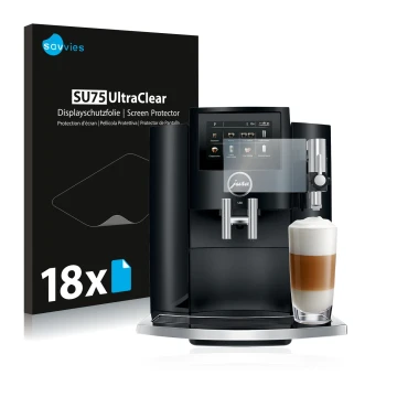 Vorderseite einer Produktverpackung mit dem Markenlogo Savvies. Daneben ist das Gerät Jura S8 mit dem zugehörigen Displayschut