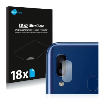 Vorderseite einer Produktverpackung mit dem Markenlogo Savvies. Daneben ist das Gerät Samsung Galaxy A20e (NUR Kameraschutz) m