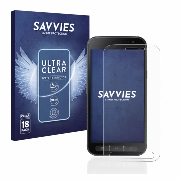 Vorderseite einer Produktverpackung mit dem Markenlogo Savvies. Daneben ist das Gerät Samsung Galaxy XCover 4s mit dem zugehör
