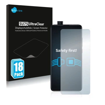 Vorderseite einer Produktverpackung mit dem Markenlogo Savvies. Daneben ist das Gerät Xiaomi Mi 9T mit dem zugehörigen Display