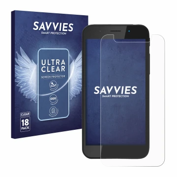Vorderseite einer Produktverpackung mit dem Markenlogo Savvies. Daneben ist das Gerät Shiftphones Shift5me mit dem zugehörigen