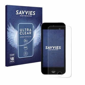 Vorderseite einer Produktverpackung mit dem Markenlogo Savvies. Daneben ist das Gerät Apple iPod Touch (7. Gen.) mit dem zugeh