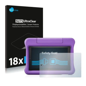 Vorderseite einer Produktverpackung mit dem Markenlogo Savvies. Daneben ist das Gerät Amazon Fire 7 Kids Edition 2019 (9. Gen.