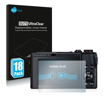 Vorderseite einer Produktverpackung mit dem Markenlogo Savvies. Daneben ist das Gerät Canon PowerShot G5 X Mark II mit dem zug