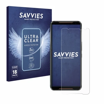 Vorderseite einer Produktverpackung mit dem Markenlogo Savvies. Daneben ist das Gerät ASUS ROG Phone 2 mit dem zugehörigen Dis