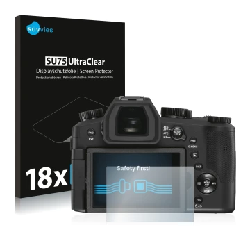 Vorderseite einer Produktverpackung mit dem Markenlogo Savvies. Daneben ist das Gerät Leica V-LUX 5 mit dem zugehörigen Displa