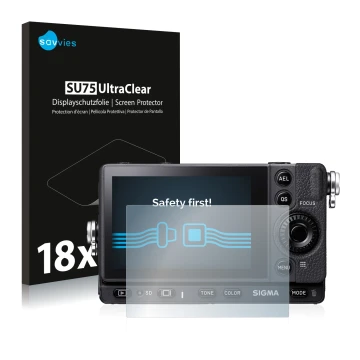 Vorderseite einer Produktverpackung mit dem Markenlogo Savvies. Daneben ist das Gerät Sigma FP mit dem zugehörigen Displayschu