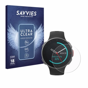 Vorderseite einer Produktverpackung mit dem Markenlogo Savvies. Daneben ist das Gerät Polar Vantage V Titan mit dem zugehörige