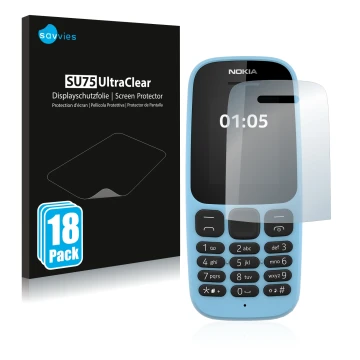 Vorderseite einer Produktverpackung mit dem Markenlogo Savvies. Daneben ist das Gerät Nokia 105 2019 mit dem zugehörigen Displ