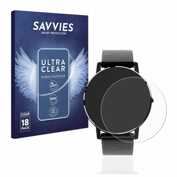 Vorderseite einer Produktverpackung mit dem Markenlogo Savvies. Daneben ist das Gerät Holalei Fitness Tracker 1.3