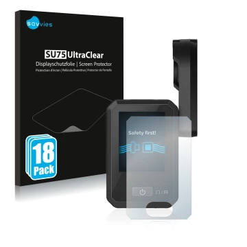 Vorderseite einer Produktverpackung mit dem Markenlogo Savvies. Daneben ist das Gerät Flyer Display D0 mit dem zugehörigen Dis