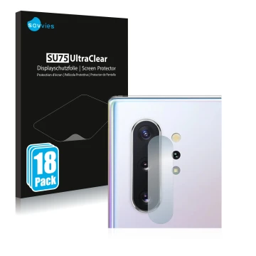 Vorderseite einer Produktverpackung mit dem Markenlogo Savvies. Daneben ist das Gerät Samsung Galaxy Note 10 Plus (NUR Kameras