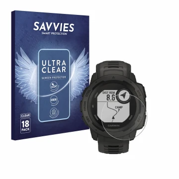 Vorderseite einer Produktverpackung mit dem Markenlogo Savvies. Daneben ist das Gerät Garmin Instinct Tactical Edition mit dem