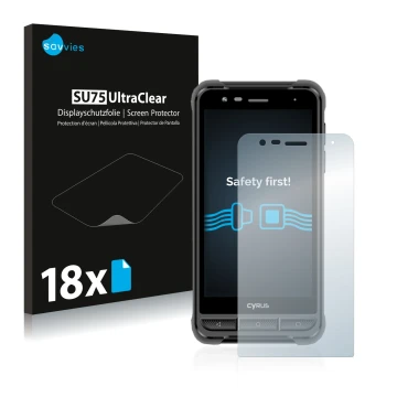 Vorderseite einer Produktverpackung mit dem Markenlogo Savvies. Daneben ist das Gerät Cyrus CS22 XA mit dem zugehörigen Displa