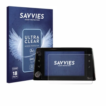 Vorderseite einer Produktverpackung mit dem Markenlogo Savvies. Daneben ist das Gerät Peugeot Rifter 2019 Infotainment System 