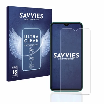 Vorderseite einer Produktverpackung mit dem Markenlogo Savvies. Daneben ist das Gerät Xiaomi Redmi Note 8 Pro mit dem zugehöri
