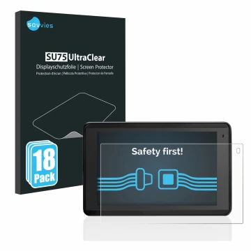 Vorderseite einer Produktverpackung mit dem Markenlogo Savvies. Daneben ist das Gerät Garmin Aera 660 mit dem zugehörigen Disp