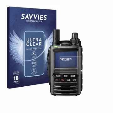 Vorderseite einer Produktverpackung mit dem Markenlogo Savvies. Daneben ist das Gerät Yaesu FT-3D mit dem zugehörigen Displays