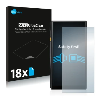 Vorderseite einer Produktverpackung mit dem Markenlogo Savvies. Daneben ist das Gerät FiiO M11 mit dem zugehörigen Displayschu