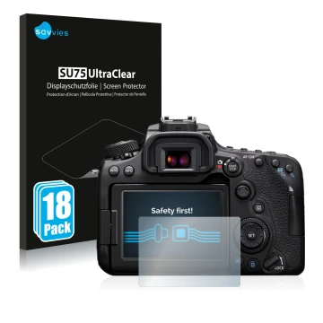 Vorderseite einer Produktverpackung mit dem Markenlogo Savvies. Daneben ist das Gerät Canon EOS 90D mit dem zugehörigen Displa