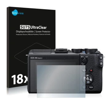 Vorderseite einer Produktverpackung mit dem Markenlogo Savvies. Daneben ist das Gerät Canon EOS M6 Mark II mit dem zugehörigen