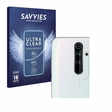 Vorderseite einer Produktverpackung mit dem Markenlogo Savvies. Daneben ist das Gerät Xiaomi Redmi Note 8 Pro (NUR Kameraschut