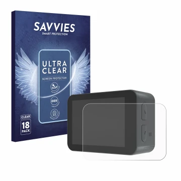 Vorderseite einer Produktverpackung mit dem Markenlogo Savvies. Daneben ist das Gerät Akaso V50X mit dem zugehörigen Displaysc