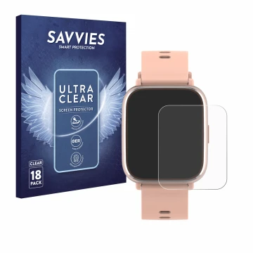 Vorderseite einer Produktverpackung mit dem Markenlogo Savvies. Daneben ist das Gerät Denver SW-161 mit dem zugehörigen Displa