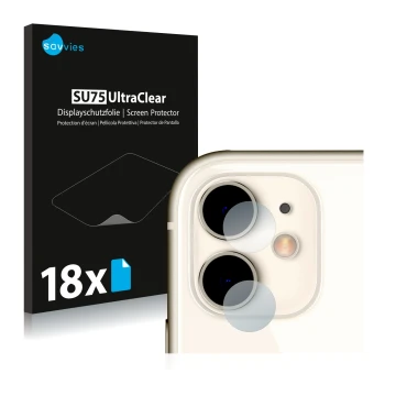 Vorderseite einer Produktverpackung mit dem Markenlogo Savvies. Daneben ist das Gerät Apple iPhone 11 (NUR Kameraschutz) mit d