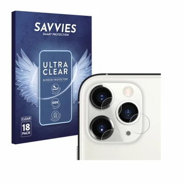 Vorderseite einer Produktverpackung mit dem Markenlogo Savvies. Daneben ist das Gerät Apple iPhone 11 Pro (NUR Kameraschutz) m