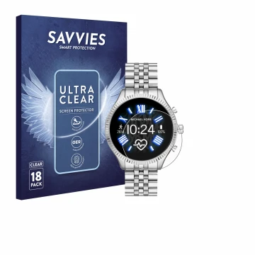 Vorderseite einer Produktverpackung mit dem Markenlogo Savvies. Daneben ist das Gerät Michael Kors Access Lexington 2 mit dem 