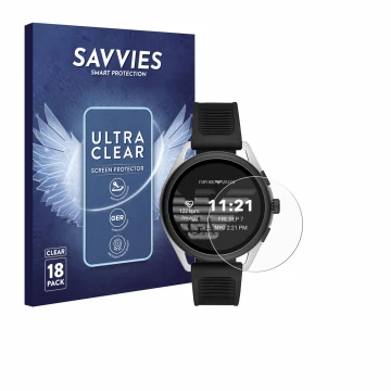 Vorderseite einer Produktverpackung mit dem Markenlogo Savvies. Daneben ist das Gerät Emporio Armani Connected Smartwatch 3 mi