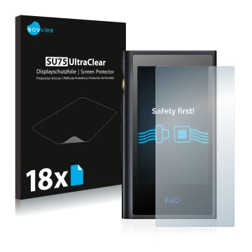 Vorderseite einer Produktverpackung mit dem Markenlogo Savvies. Daneben ist das Gerät FiiO M9 mit dem zugehörigen Displayschut