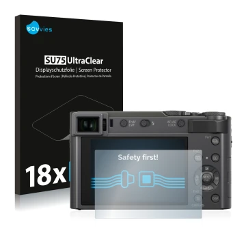 Vorderseite einer Produktverpackung mit dem Markenlogo Savvies. Daneben ist das Gerät Panasonic Lumix DC-TZ200 mit dem zugehör