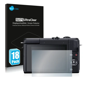 Vorderseite einer Produktverpackung mit dem Markenlogo Savvies. Daneben ist das Gerät Canon EOS M200 mit dem zugehörigen Displ