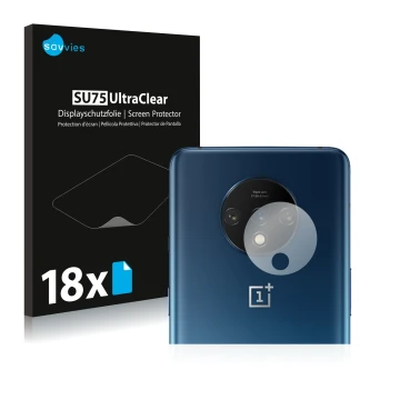 Vorderseite einer Produktverpackung mit dem Markenlogo Savvies. Daneben ist das Gerät OnePlus 7T (NUR Kameraschutz) mit dem zu