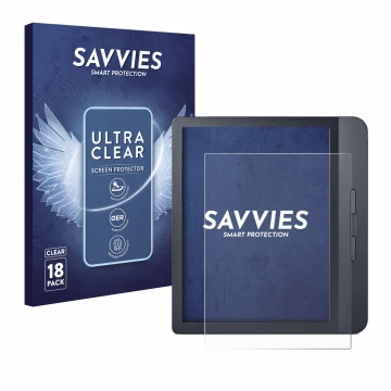 Vorderseite einer Produktverpackung mit dem Markenlogo Savvies. Daneben ist das Gerät Kobo Libra H2O mit dem zugehörigen Displ