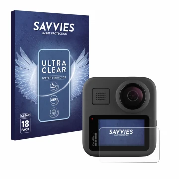 Vorderseite einer Produktverpackung mit dem Markenlogo Savvies. Daneben ist das Gerät GoPro Max mit dem zugehörigen Displaysch