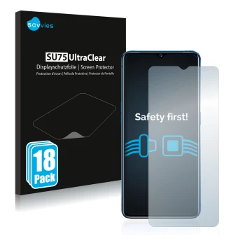 Vorderseite einer Produktverpackung mit dem Markenlogo Savvies. Daneben ist das Gerät realme X2 Pro mit dem zugehörigen Displa