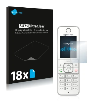 Vorderseite einer Produktverpackung mit dem Markenlogo Savvies. Daneben ist das Gerät AVM Fritz!Fon C6 mit dem zugehörigen Dis