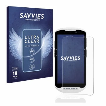 Vorderseite einer Produktverpackung mit dem Markenlogo Savvies. Daneben ist das Gerät Zebra TC57 mit dem zugehörigen Displaysc